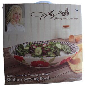 Dolly Parton Tennessee Home Shallow Serving Bowl 12" Ceramic Blk Gingham Floral
